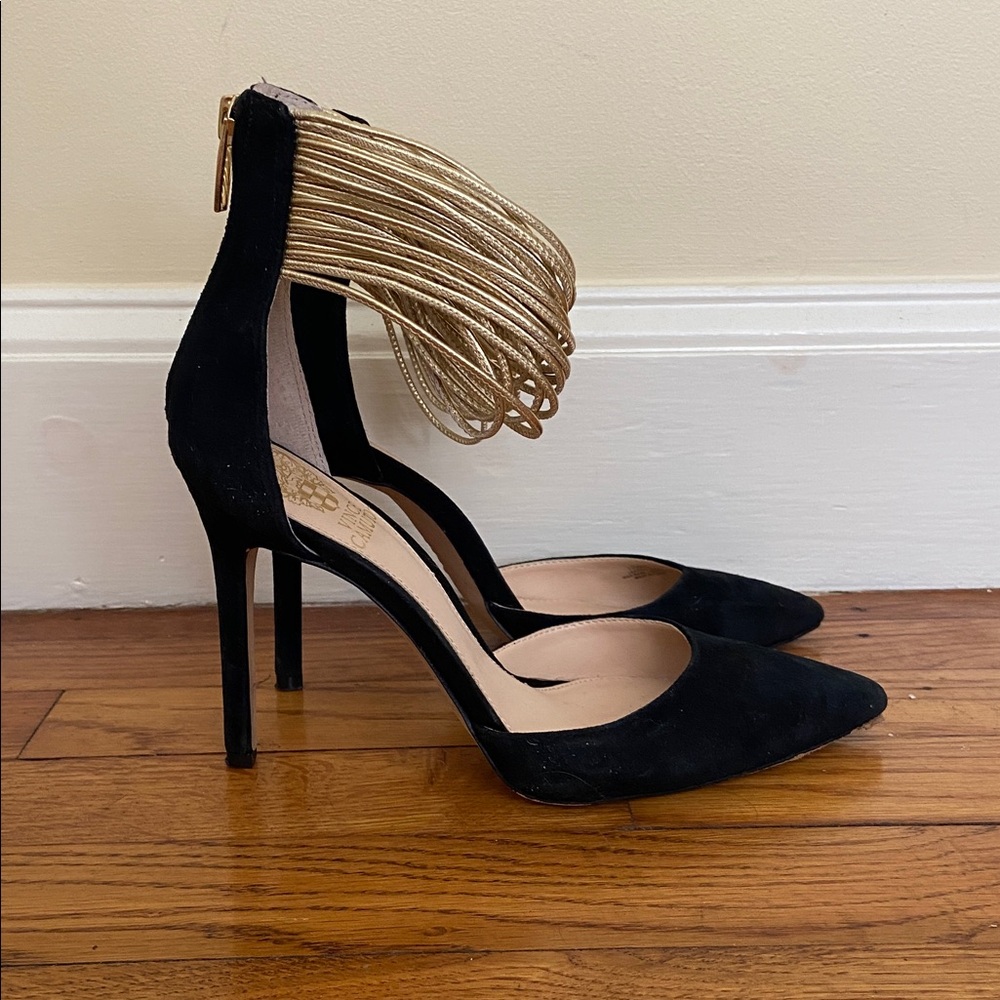 Vince Camuto Black Suede Heel with Gold Ankle Accent - Picture 3 of 6